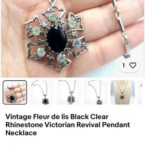 Unique Vintage Black and Silver Fleur de Lis Necklace
